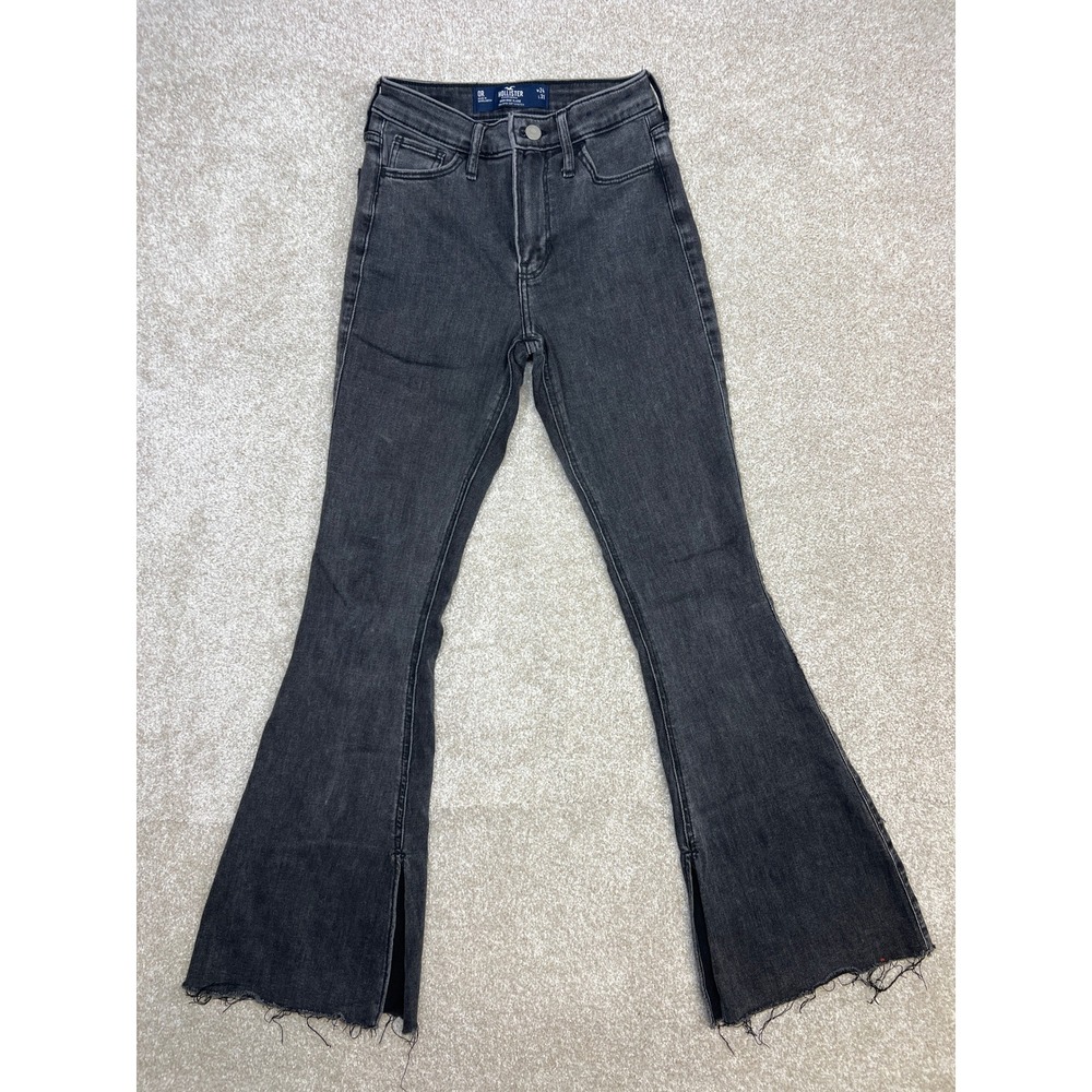 Hollister High Rise Flare Jeans Womens Size 24x31 Black Stretch Split Leg‎